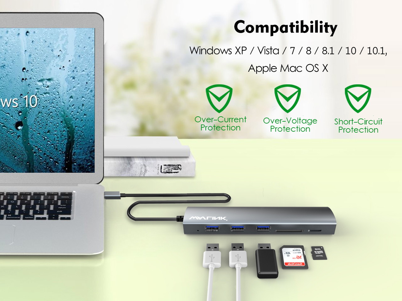 Wavlink USB C Hub, Type C Adapter Mini Docking Station with 4K HDMI Port, 2 USB 3.0, TF/SD Card Reader, USB-C PD3.0 100W  and Thunderbolt 3, LED indicator For MacBook Pro for MacBook Pro/Air