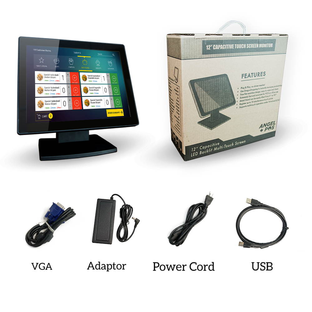 12-Inch Capacitive Multi-Touch POS TFT LED Touchscreen Monitor, True Flat Seamless Design with Adjustable POS Stand for Retail Restaurant, HDMI & VGA Inputs, High Resolution 1024 x 768