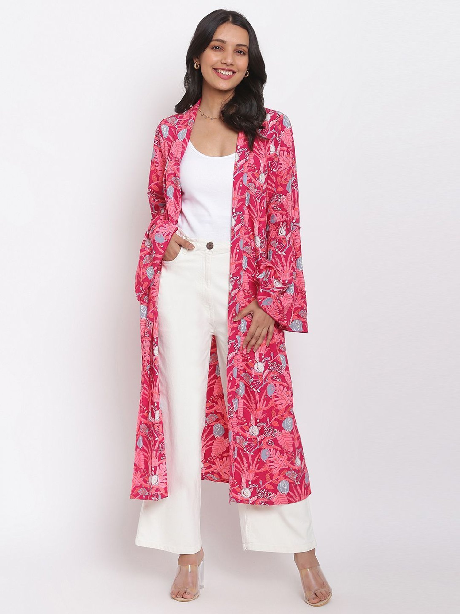 Fabindia Pink Floral Print Shrug
