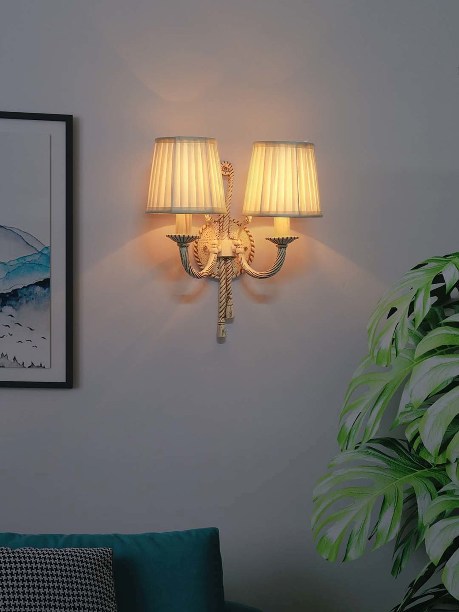 Fos Lighting Knotted Distressed Beige Aluminium 2-In-1 Wall Lamp With Fabric Shade