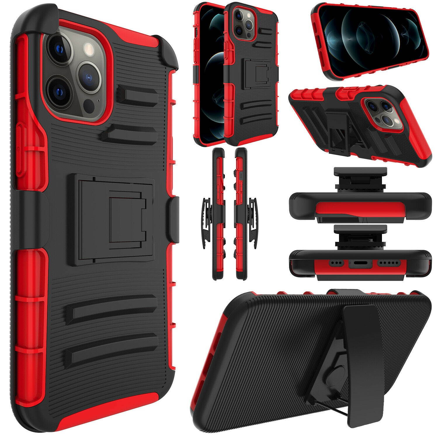 For iPhone 12 Pro Max Rugged Shockproof Holster Kickstand Belt Clip Case Cover