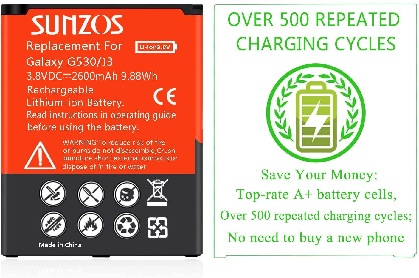 Galaxy J3 Battery, SUNZOS 2600mAh Li-ion Replacement Battery for Samsung Galaxy J320A J320V EB-BG530BBU EB-BG530BBE J5-G530P [3 Years Warranty]