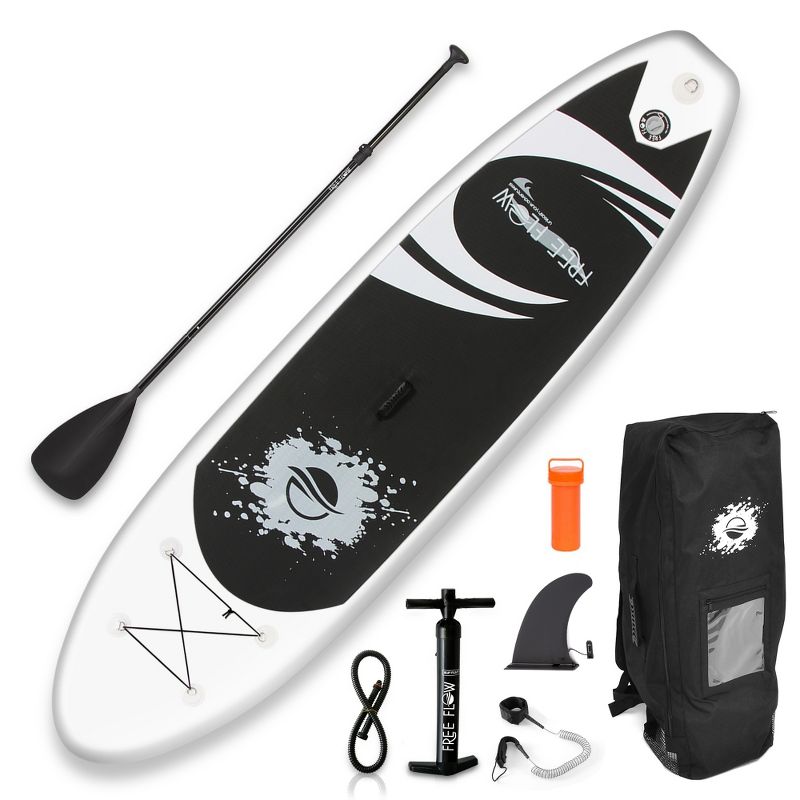 SereneLife 11 Foot Free Flow Inflatable SUP Stand Up Paddle Board Kit with Air Pump, Oar, Carry Bag, and Leash, White