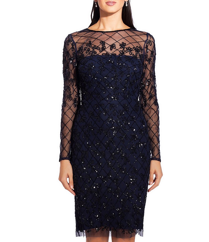 Adrianna Papell Round Neck Long Sleeve Beaded Sheath Dress