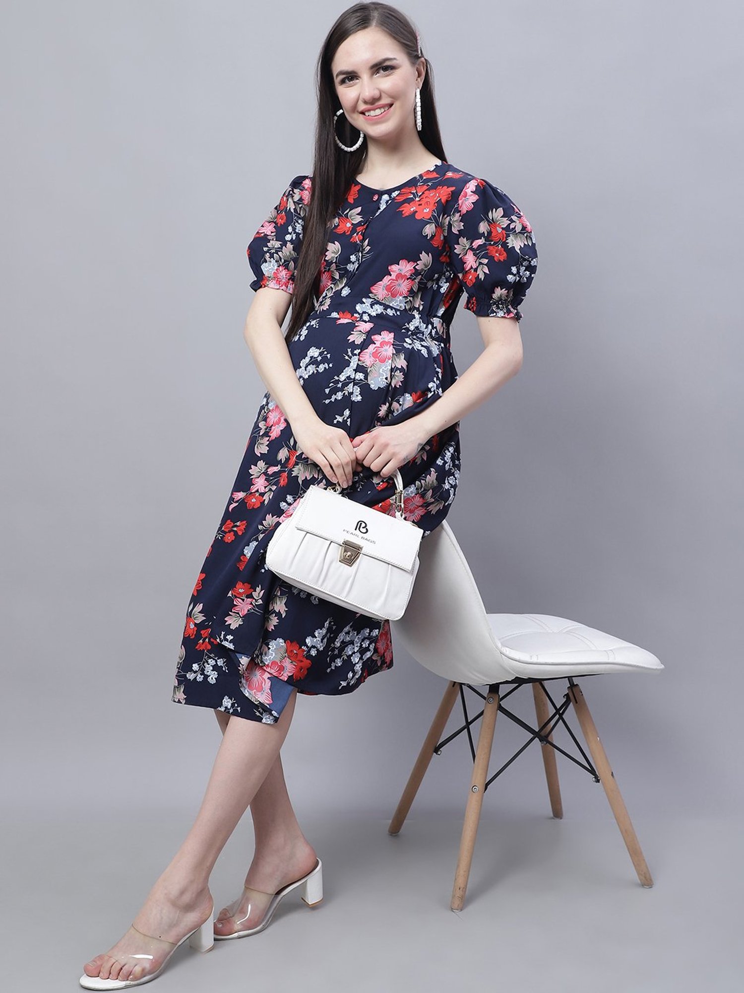 Moms Maternity Navy Printed Dress