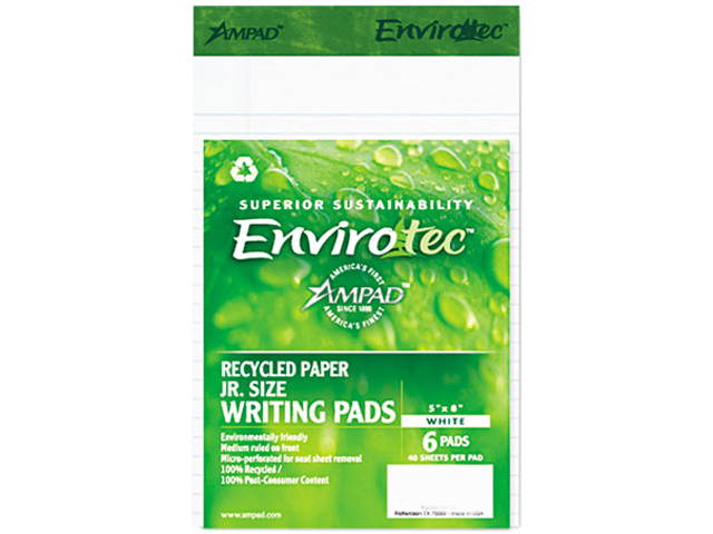 Ampad 40112 Envirotech Recycled Notebook, Wide Rule, 5 x 8, WE, 6 40-Sheet Pads/Pack
