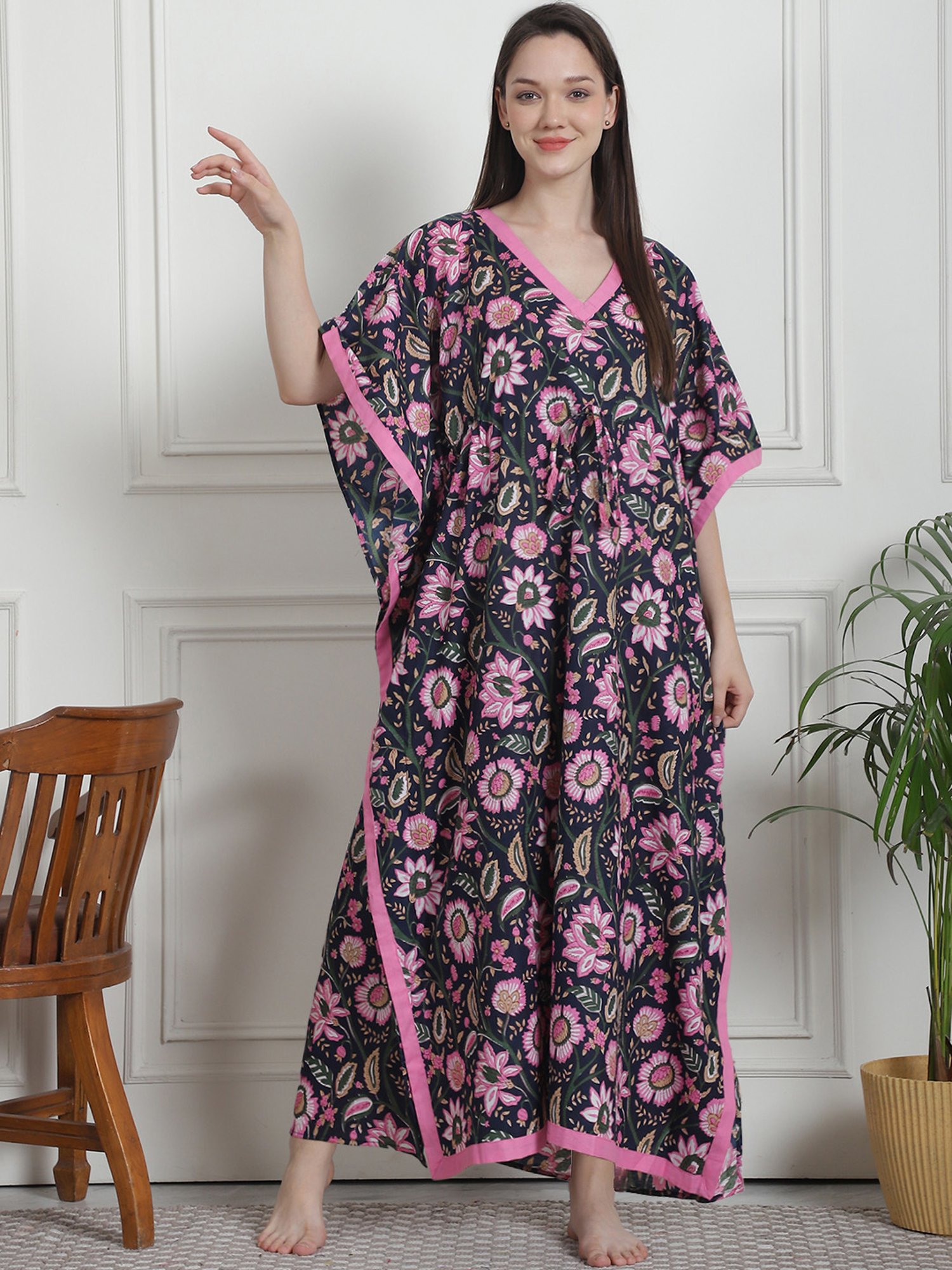 Secret Wish Navy Floral Print Kaftan Nighty