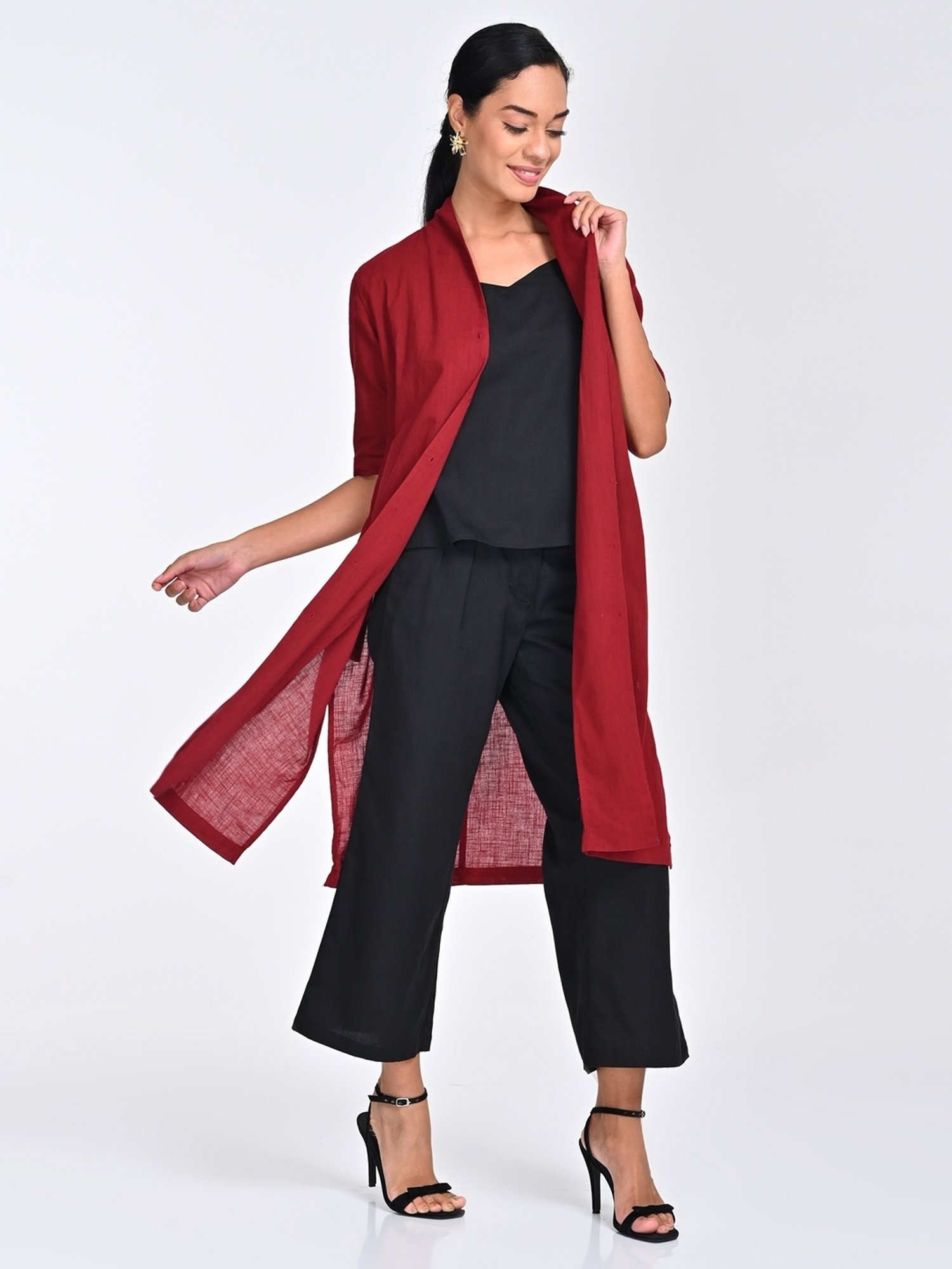 Saltpetre Women Organic Cotton Solid Draped Neck Collar Long Shirt