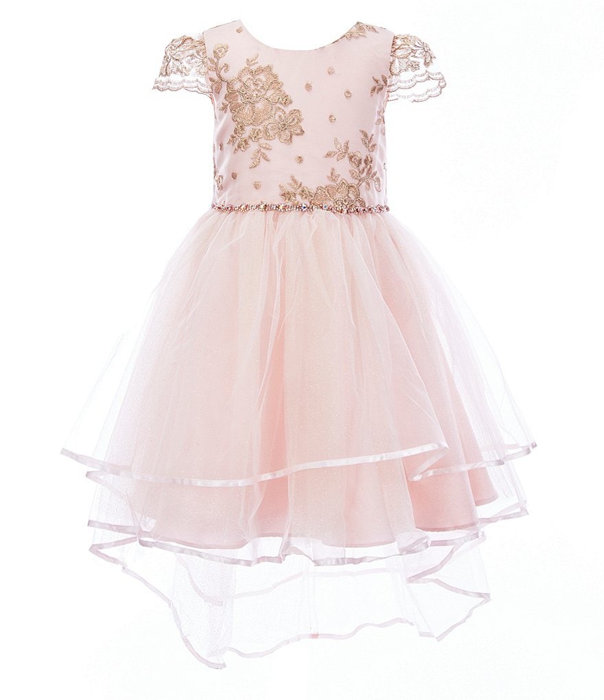 Rare Editions Little Girls 2T-6X Bow-Waist Satin/Jacquard-Stripe Hi-Low Ballgown