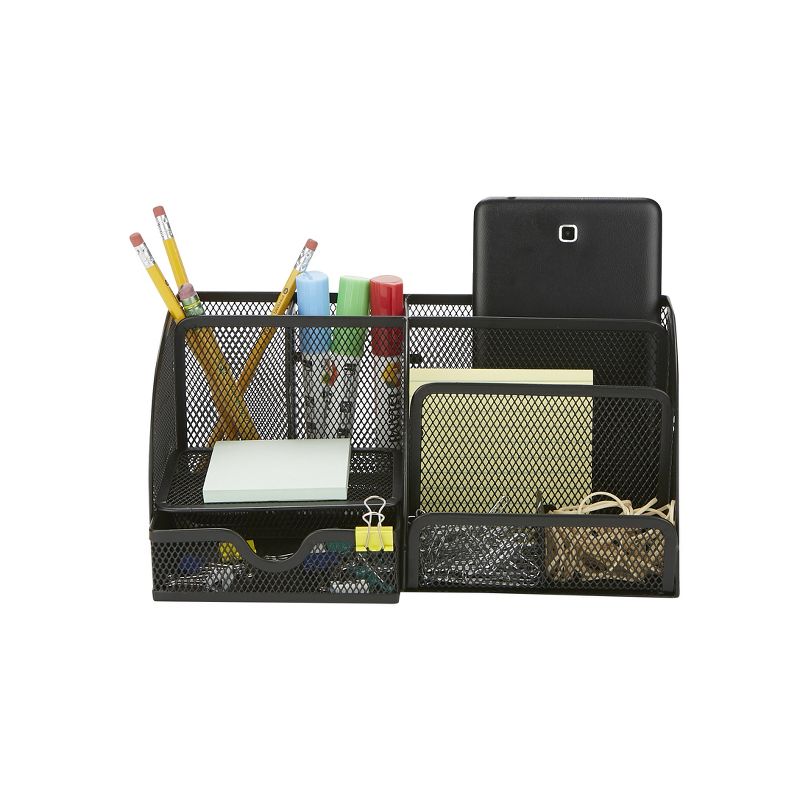 MIND READER Desk Organizer [7-Compartment] - Supplies and Accessories Storage For Office Desk with Mail Sorter, Sticky Note Pad Holder, Pencil and Pen Basket, Paper Clip Drawer Tray (BLACK)