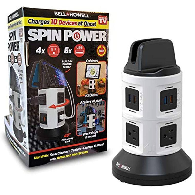 Bell and Howell Spin Power Strip Tower Surge Protector Electric Charging Station 4 Outlets 6 USB Ports with 7ft Retractable Cord Built-in Phone Holder As Seen On TV