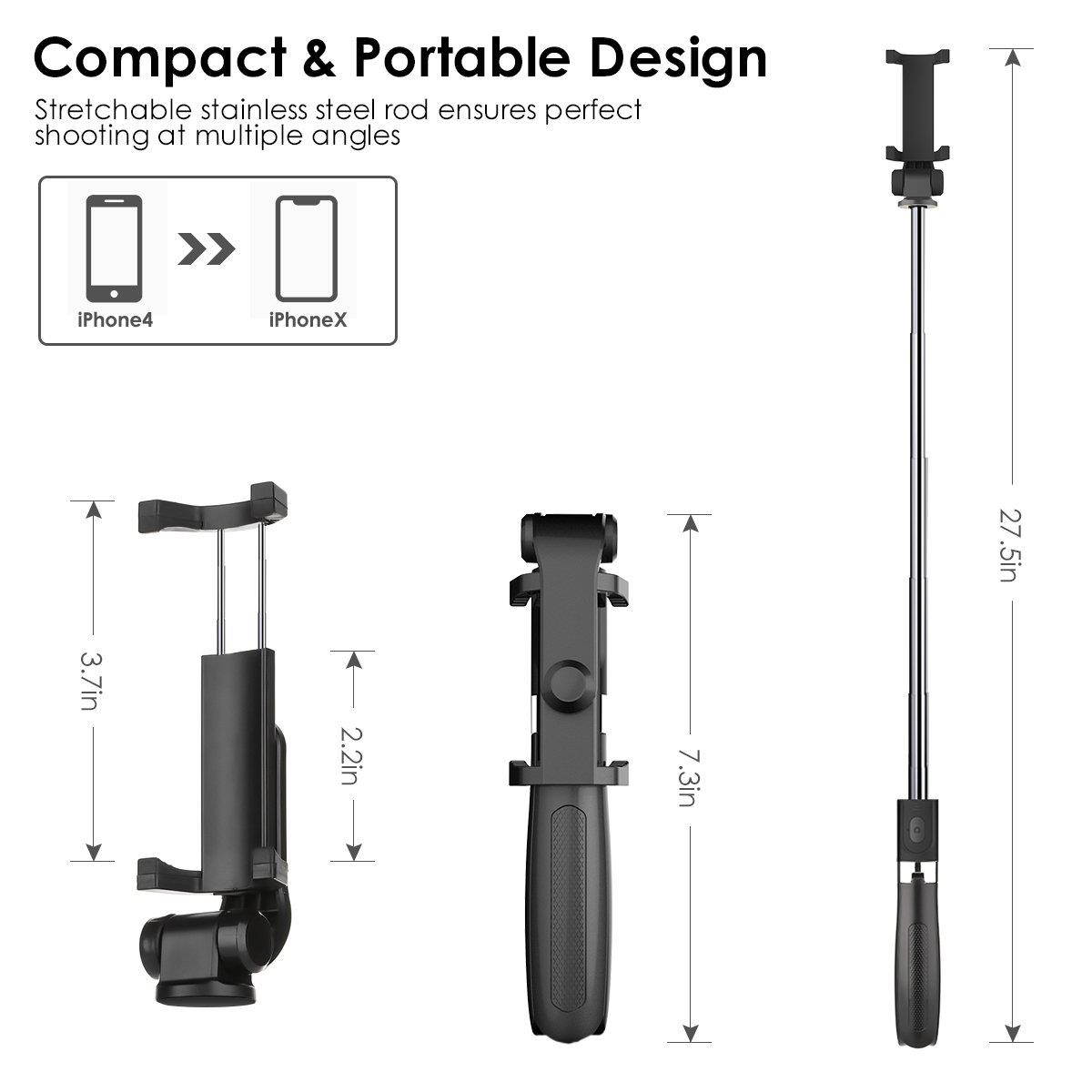 Bluetooth Selfie Stick Tripod, ELEGIANT 2 in 1 Extendable Monopod Selfie Stick with Removable Mini Bluetooth Remote, Adjustable Head, Tripod Stand Selfie Stick Compatible iPhone/Huawei/Samsung (Black)