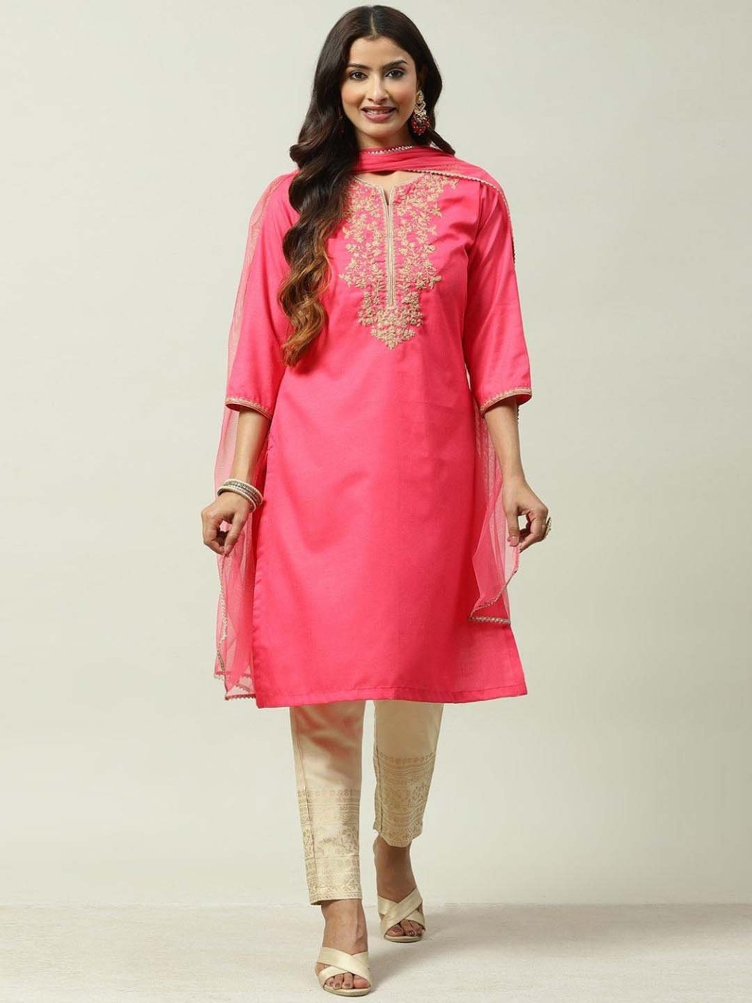 Biba Pink & Beige Cotton Embroidered Kurta Pant Set With Dupatta