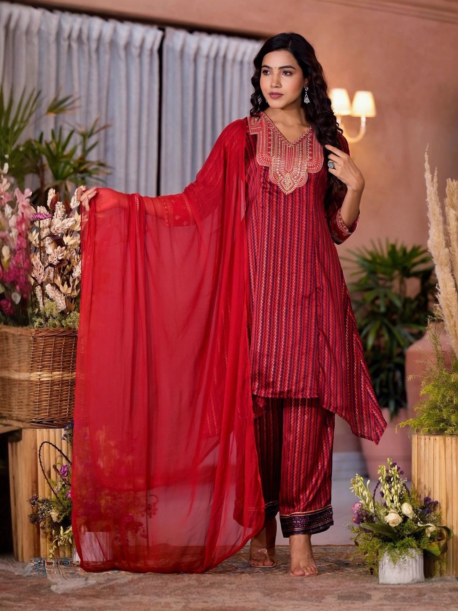 Juniper Red Embroidered Kurta Pant Set With Dupatta