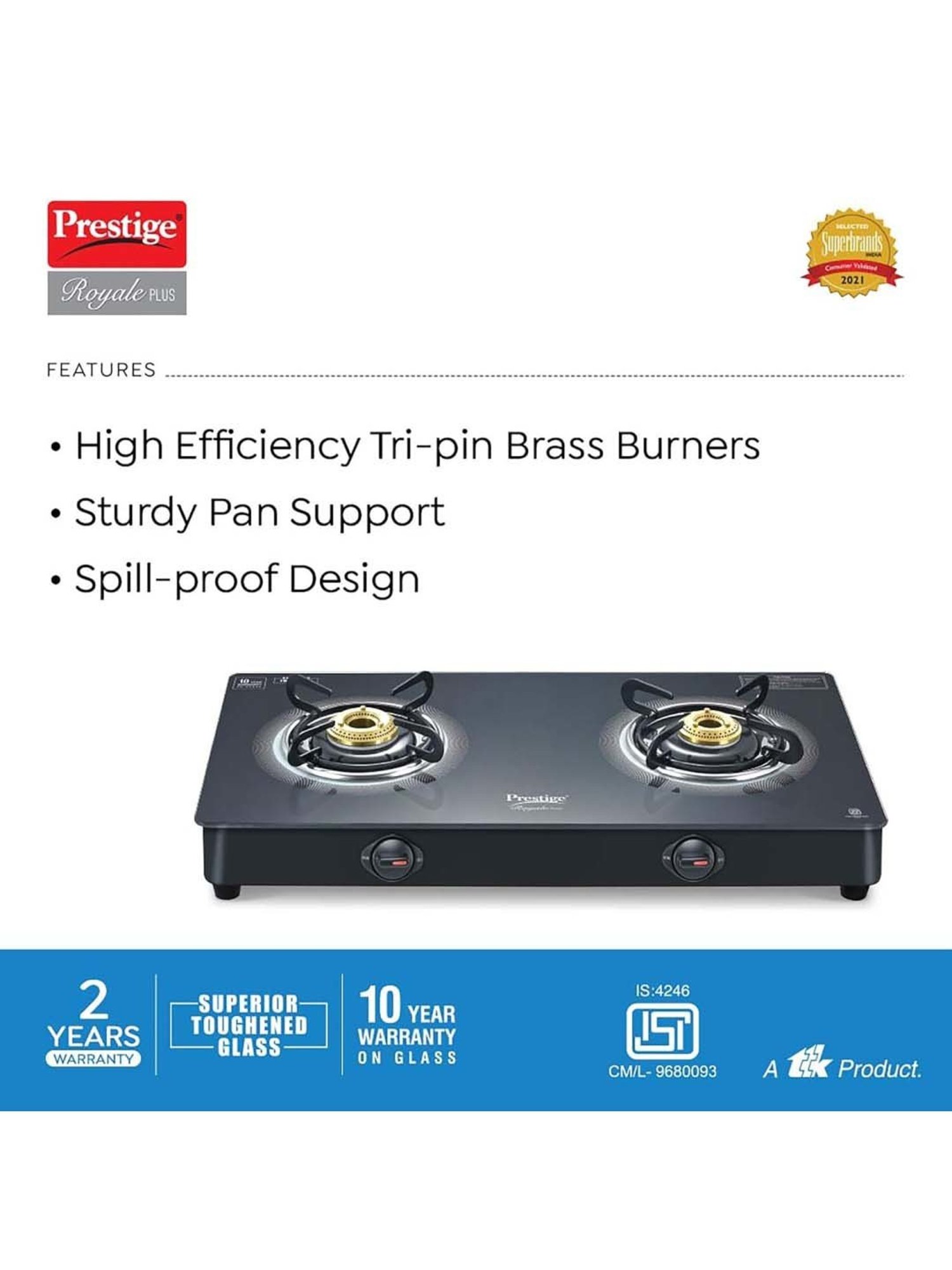 Pigeon Blackline Smart Black Glass Manual Gas Stove (2 Burners)