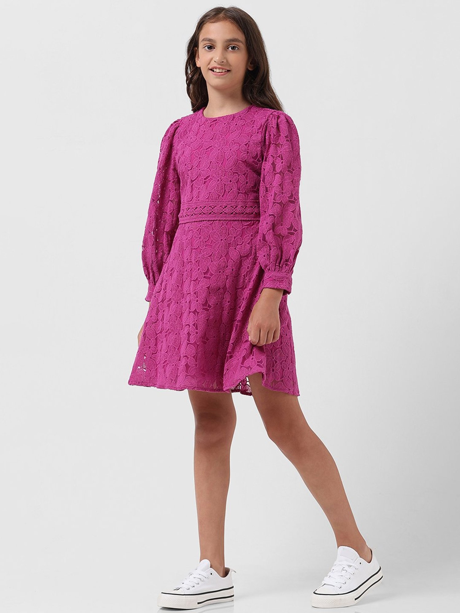 VERO MODA GIRL Purple Embroidered Full Sleeves Dress