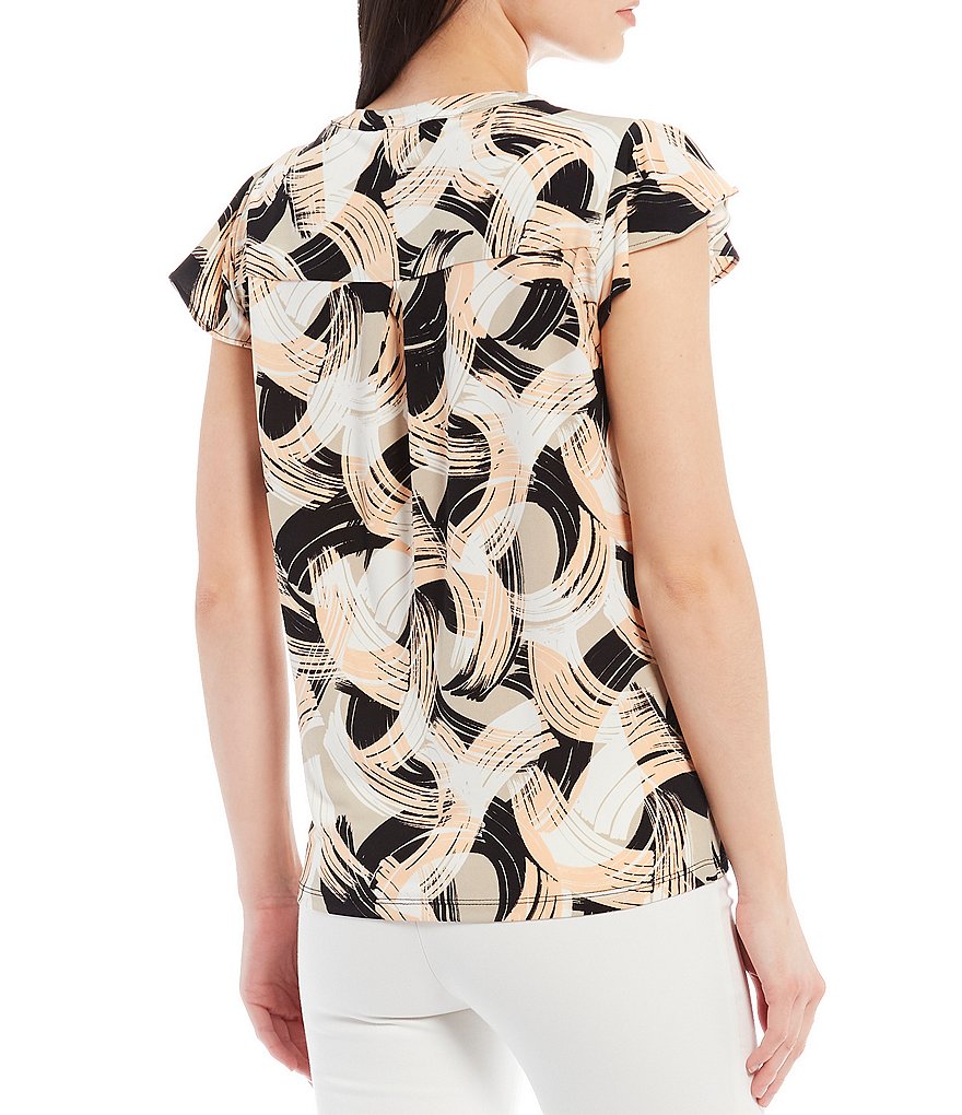 Calvin Klein Paint Brush Matte Jersey Banded Split V-Neck Flutter Cap Sleeve Top