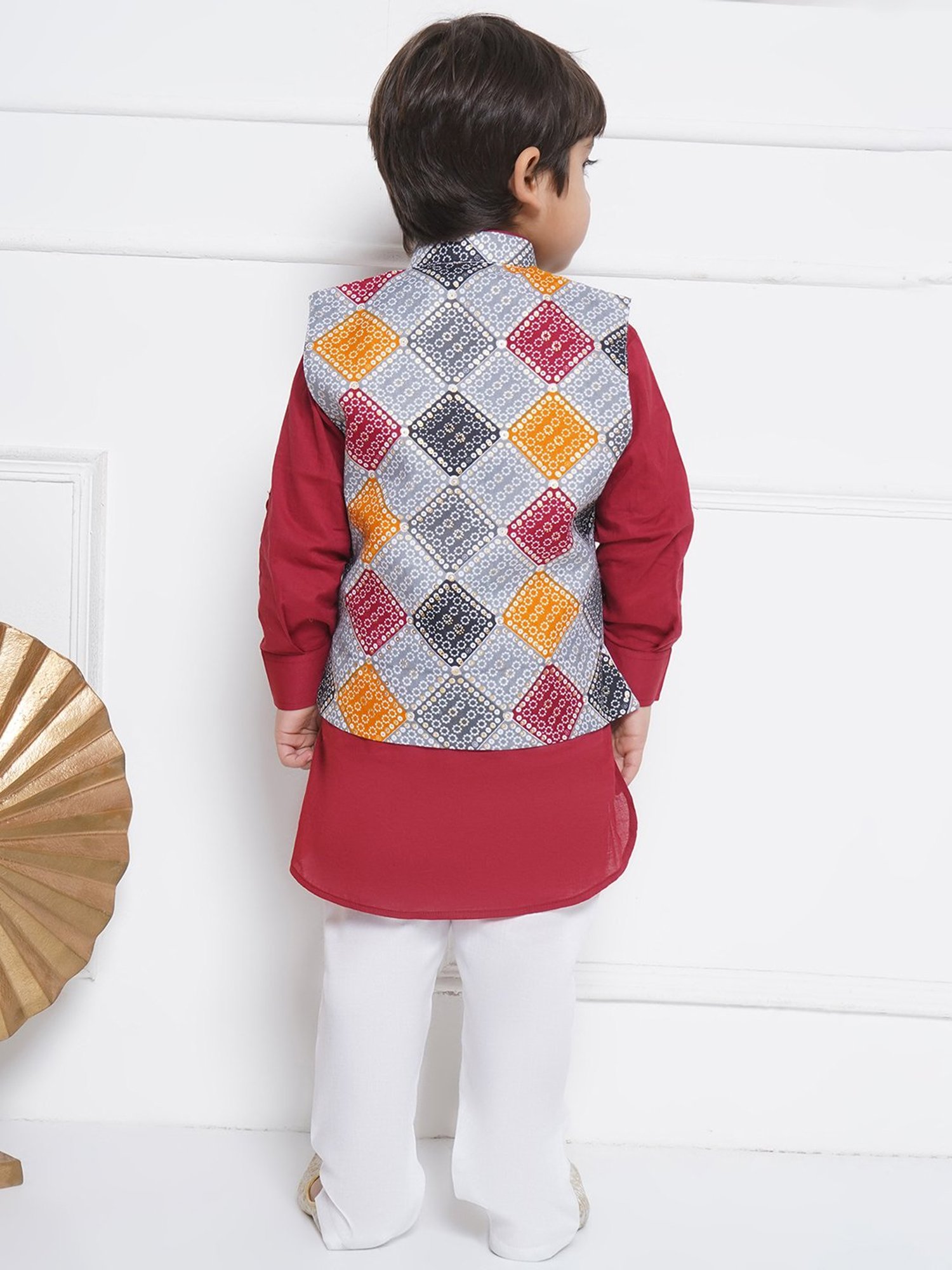 AJ Dezines Kids Multicolor Printed Full Sleeves Kurta, Pyjamas with Waistcoat