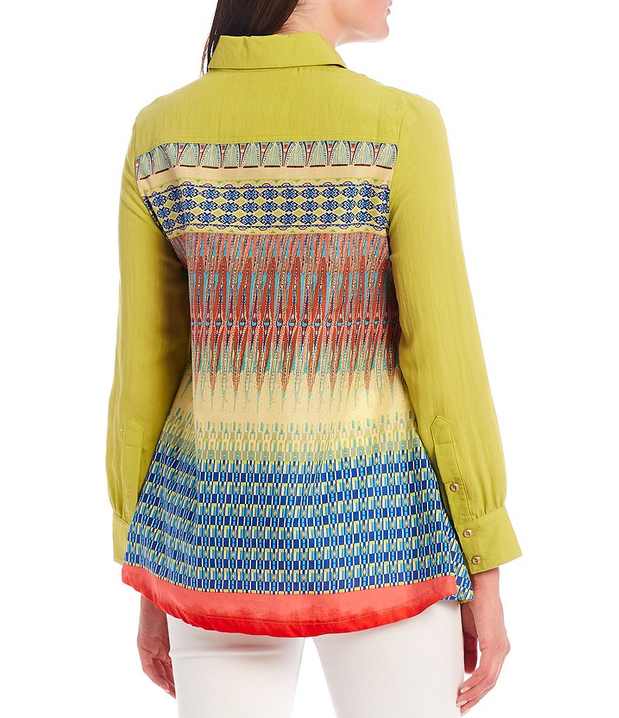 Calessa Floral Embroidery Front Contrast Back Long Sleeve Shirt