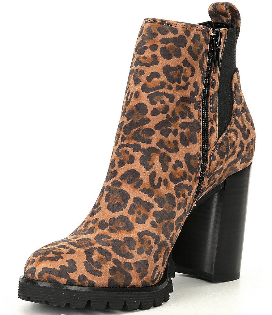 Gibson & Latimer Bradlee Leopard Print Suede Lug Sole Block Heel Chelsea Booties