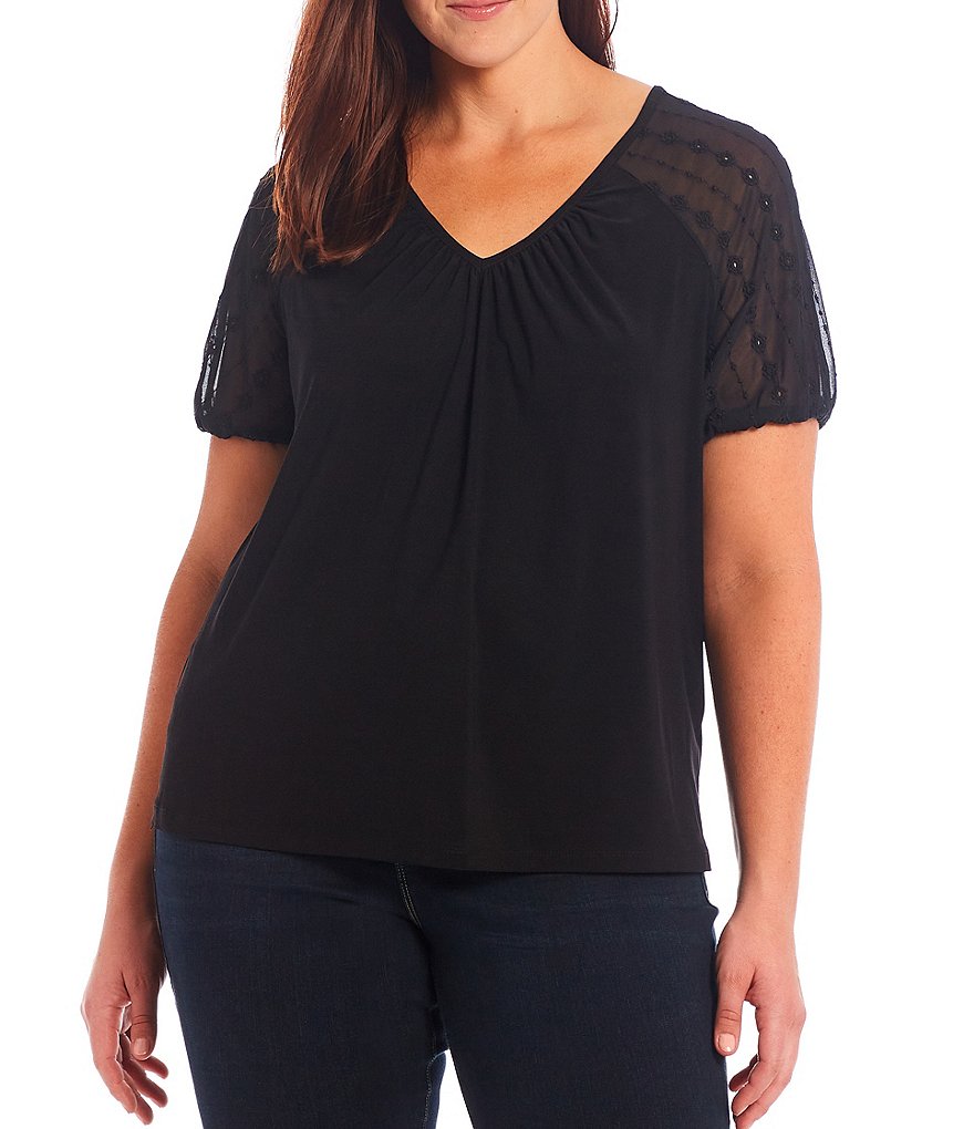 CeCe Plus Size Puff Sleeve V-Neck Short Sleeve Knit Top