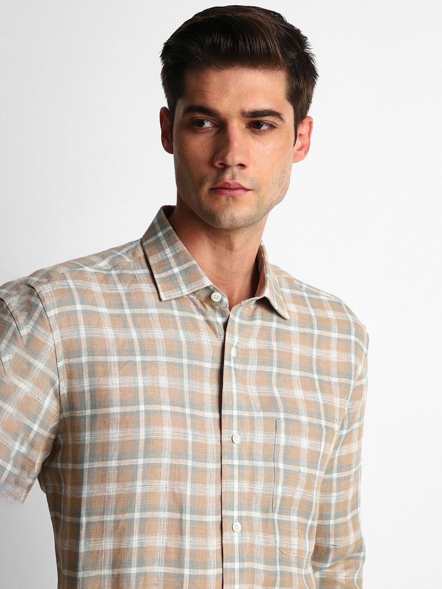 Luxure By Louis Philippe Beige Regular Fit Check Linen Shirt