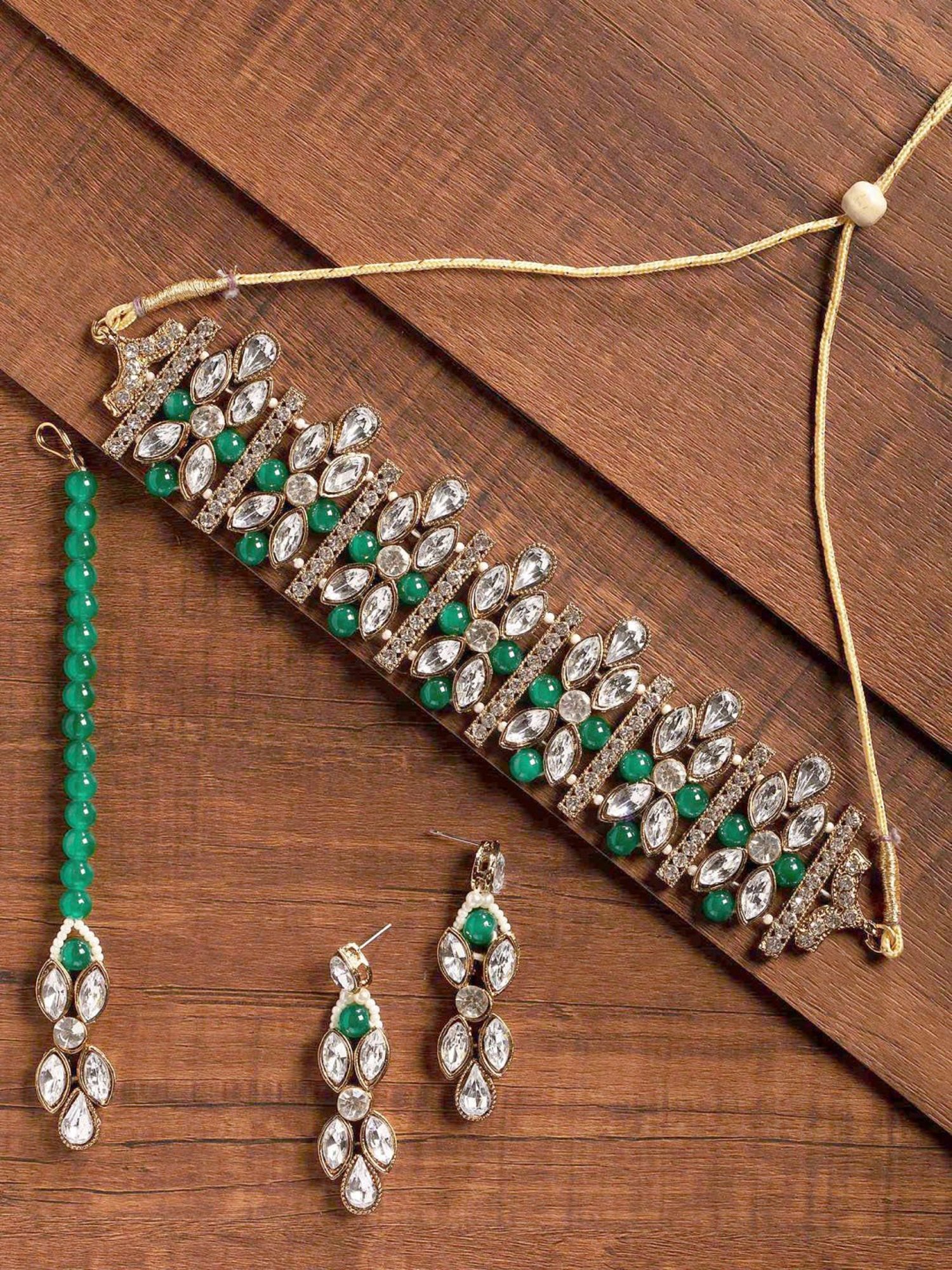 Zaveri Pearls Crystal Shine Stones & Green Beads Choker Necklace Earring Maangtikka-ZPFK9366