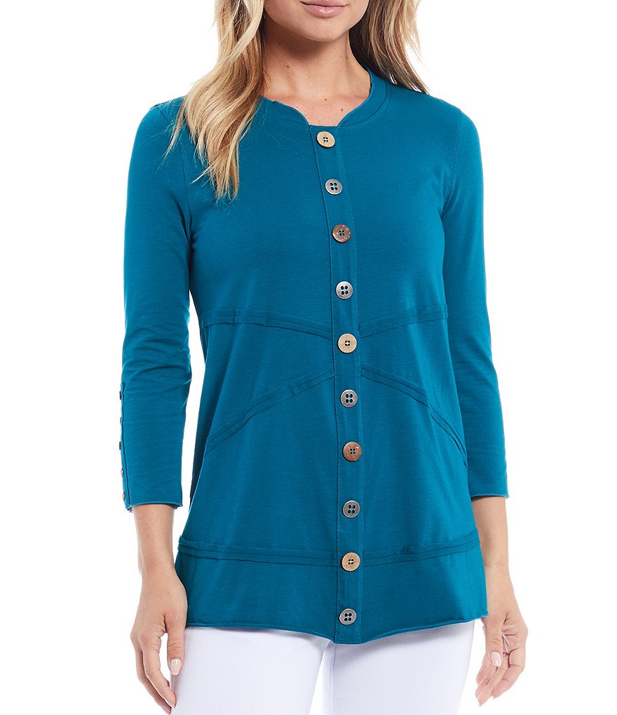 Multiples Band Crew Neck Seamed Detail Button Trim 3/4 Sleeve Knit Top