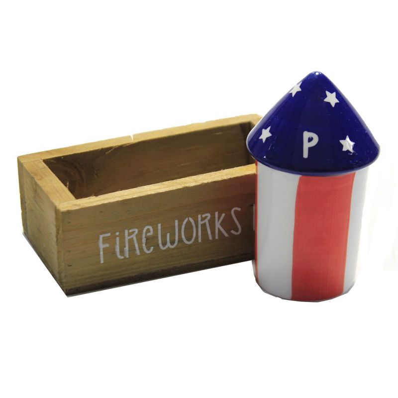 Tabletop 3.5" Fireworks Salt & Pepper W/Crate Patriotic Americana Transpac  -  Salt And Pepper Shaker Sets