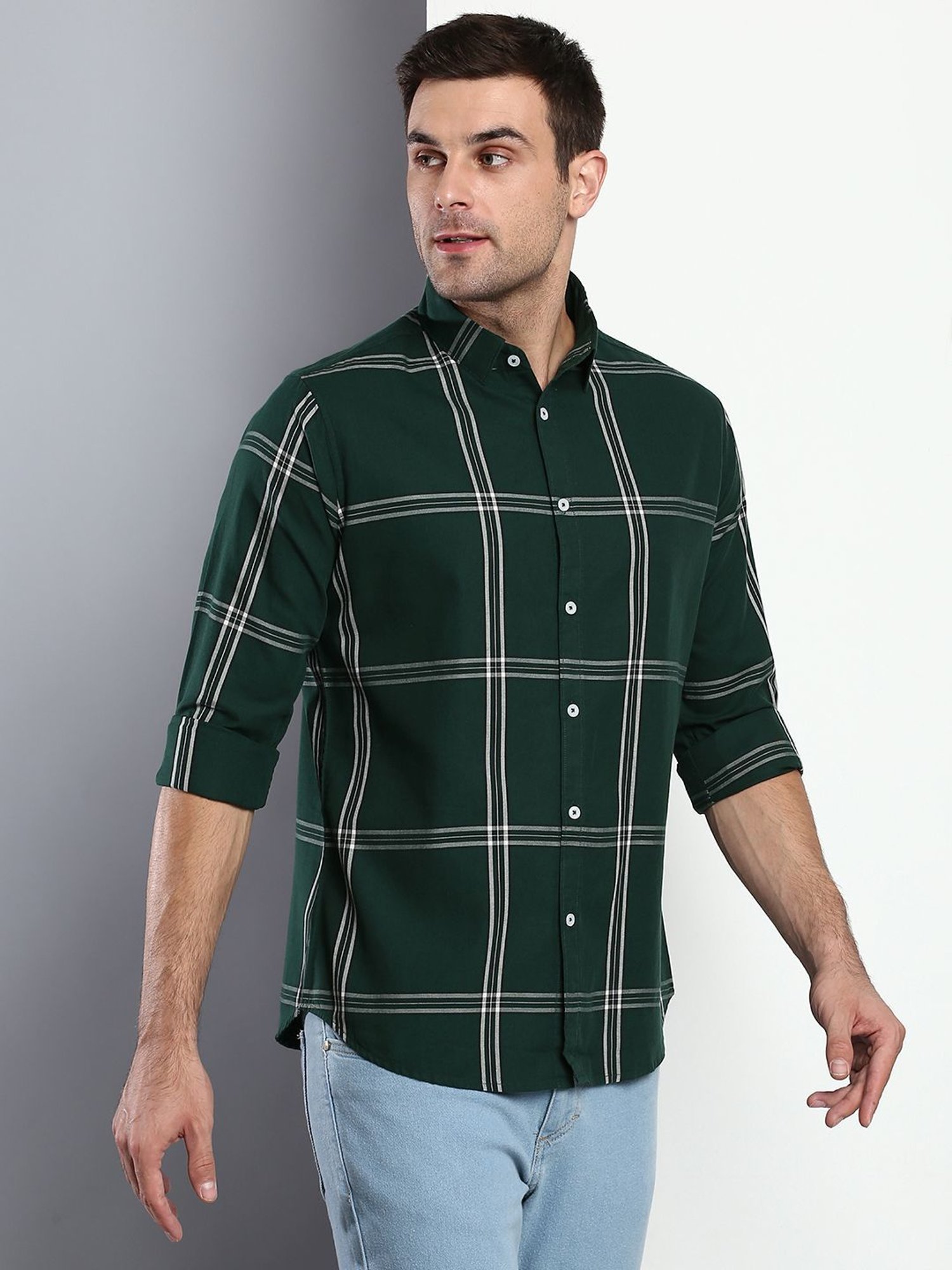 Dennis Lingo Green Cotton Slim Fit Checks Shirt
