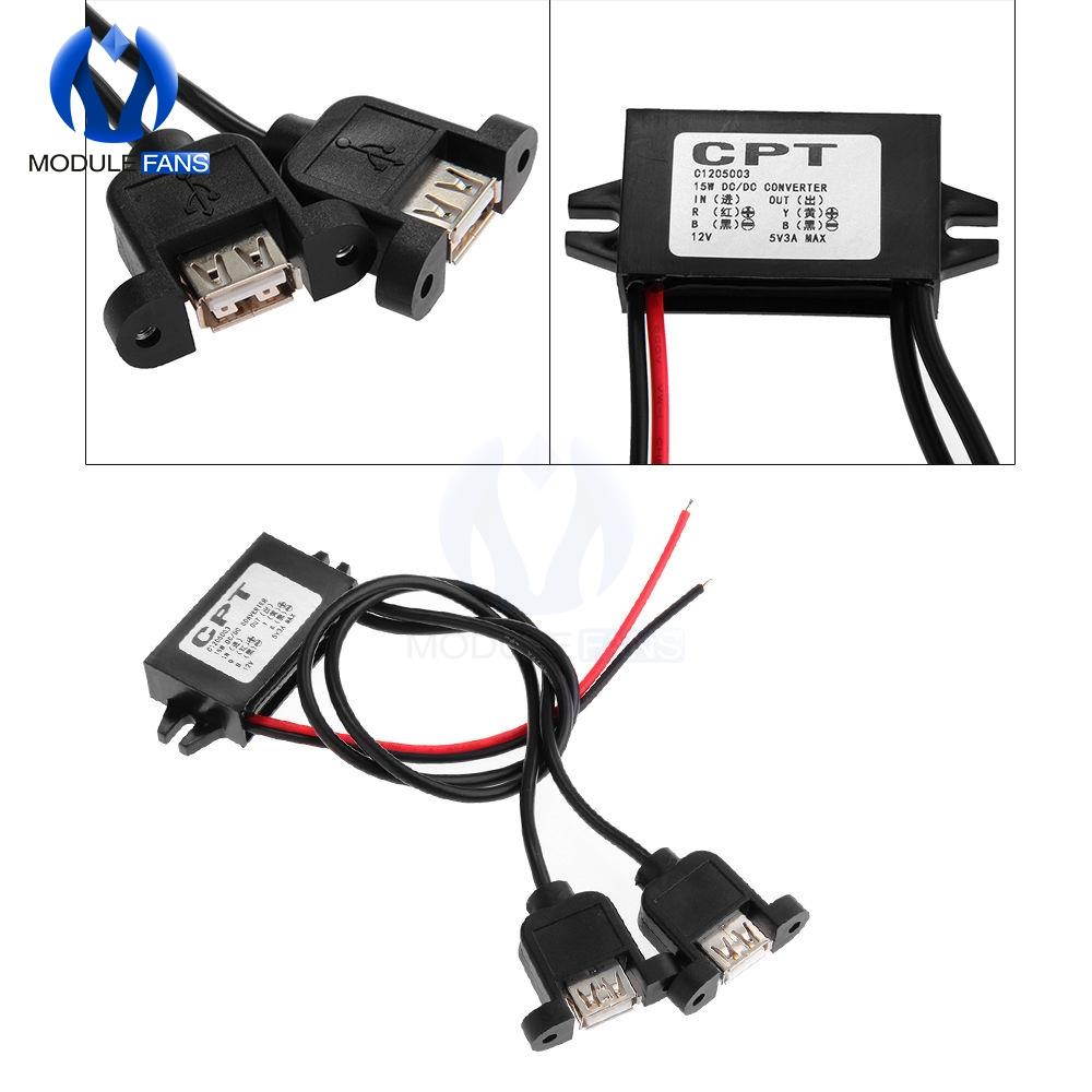 Dual 2 USB DC-DC 12V to 5V Max 3A Car Power Converter Module Cable Female Port Waterproof Step Down Converter