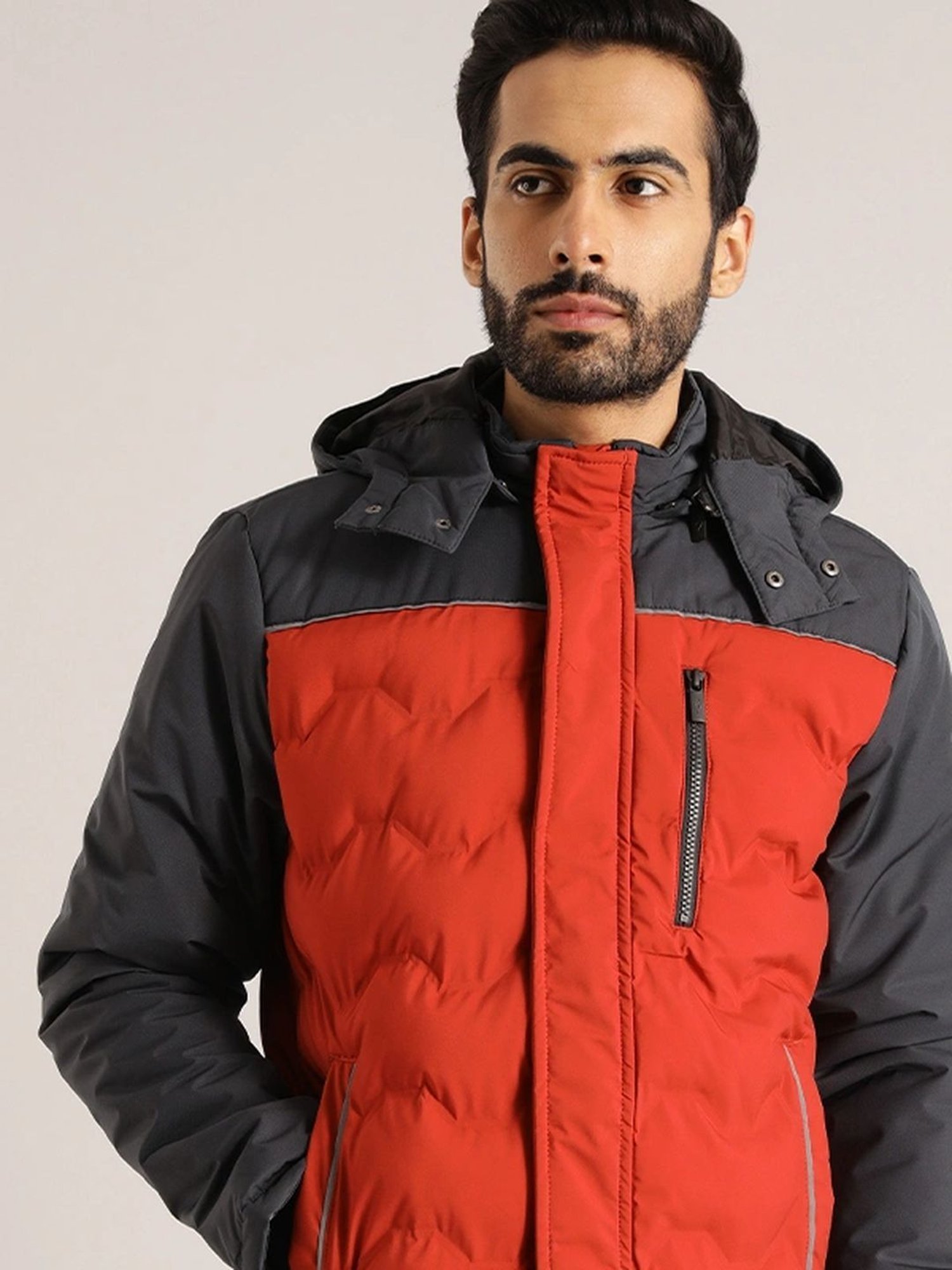 Indian Terrain Rust Regular Fit Colour Block Quilted Jacket