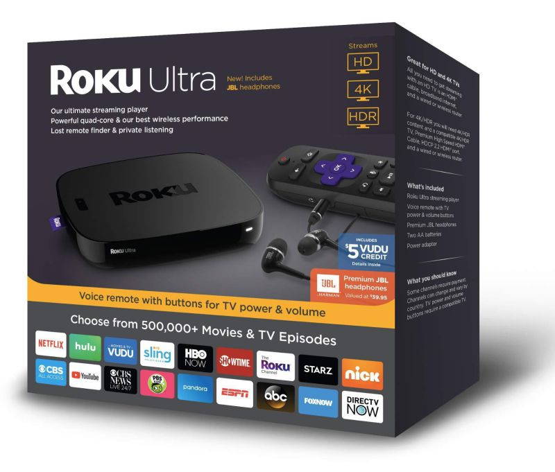 Roku Ultra HD/4K/HDR Streaming Media Player - Voice Remote, Remote Finder, Ethernet, MicroSD, USB, and Premium JBL Headphones
