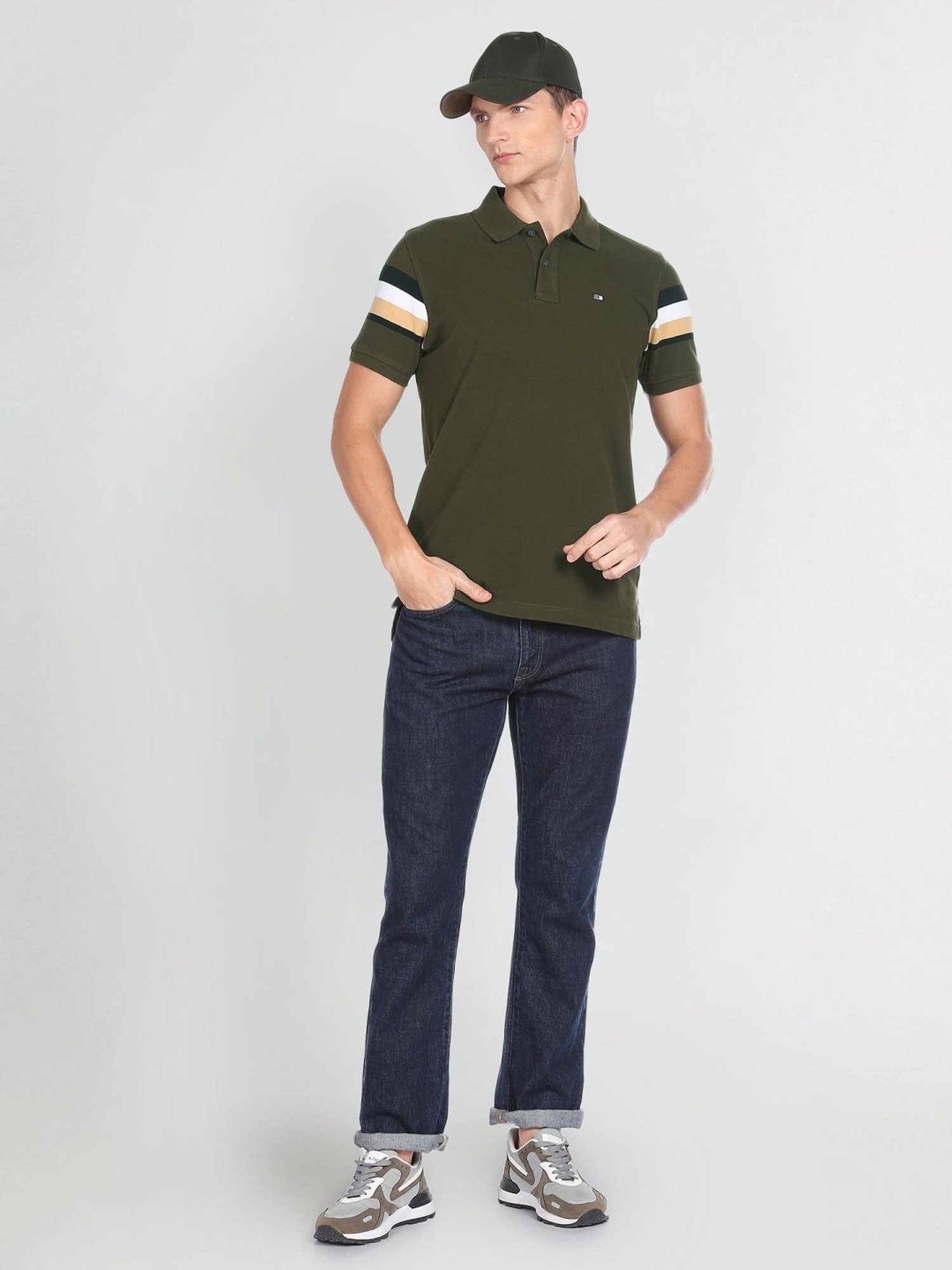 Arrow Sport Olive Cotton Regular Fit Striped Polo T-Shirt