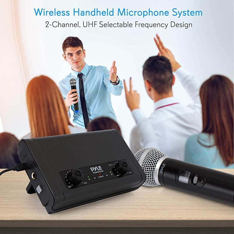 Compact UHF Wireless Microphone System Pro Portable Dual Channel Desktop Digital Mic Receiver Set w 2 Handheld Mic Receiver Base USB Cable Battery For Home PA Karaoke DJ  PDWM2850
