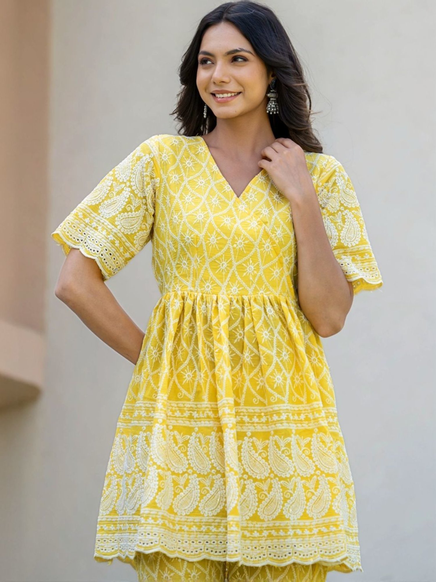 HOUSE OF JAMOTI Yellow Cotton Embroidered Tunic Pant Set