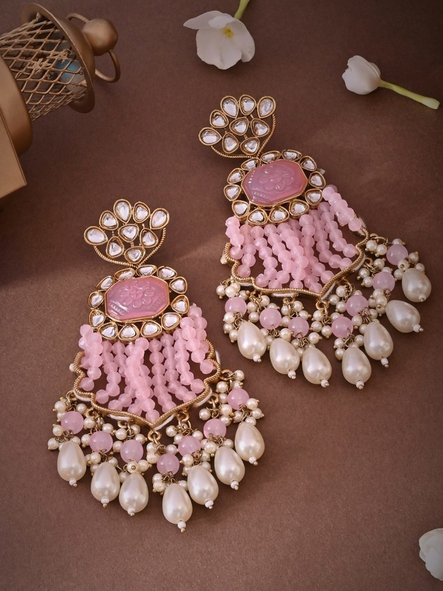 Fida Pink & White Pearl Kundan Dangler Earrings for Women