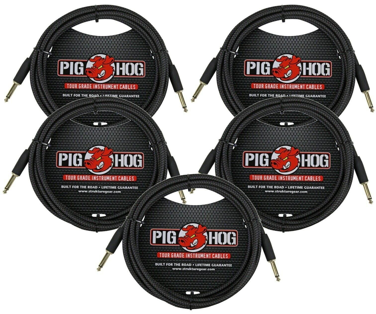 5 PACK Pig Hog Instrument Cable Black Woven 1/4' to 1/4' 10 ft. Black Woven, PCH