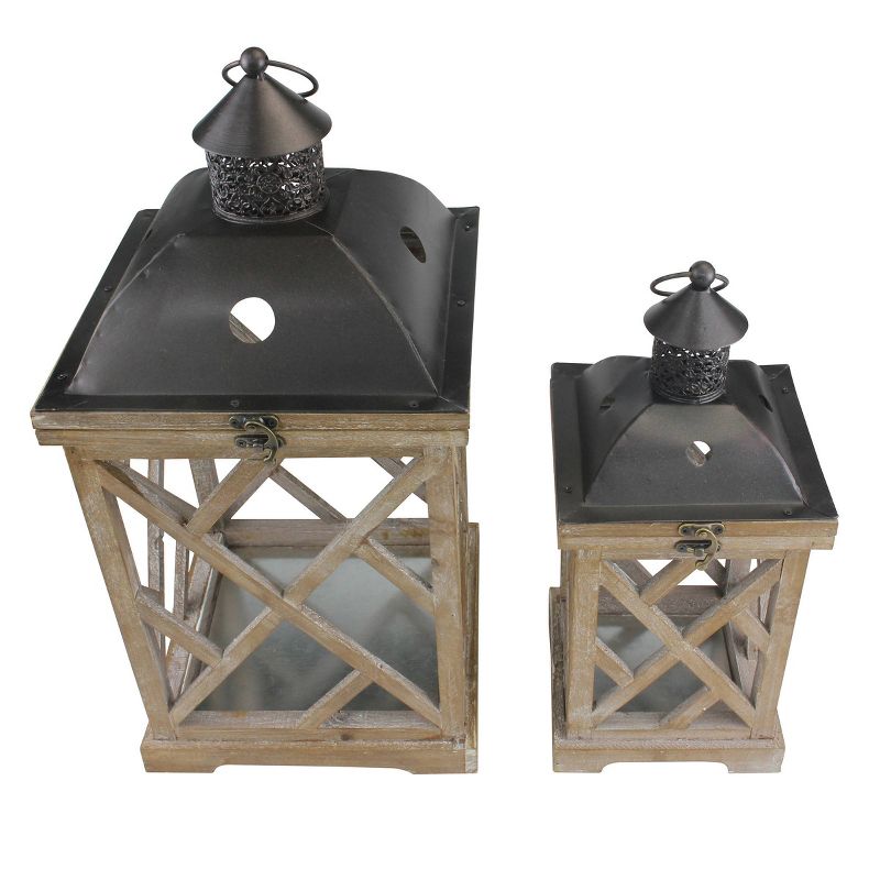 Set of 2 Wooden and Metal Hurricane Candles Lantern Brown - Stonebriar Collection