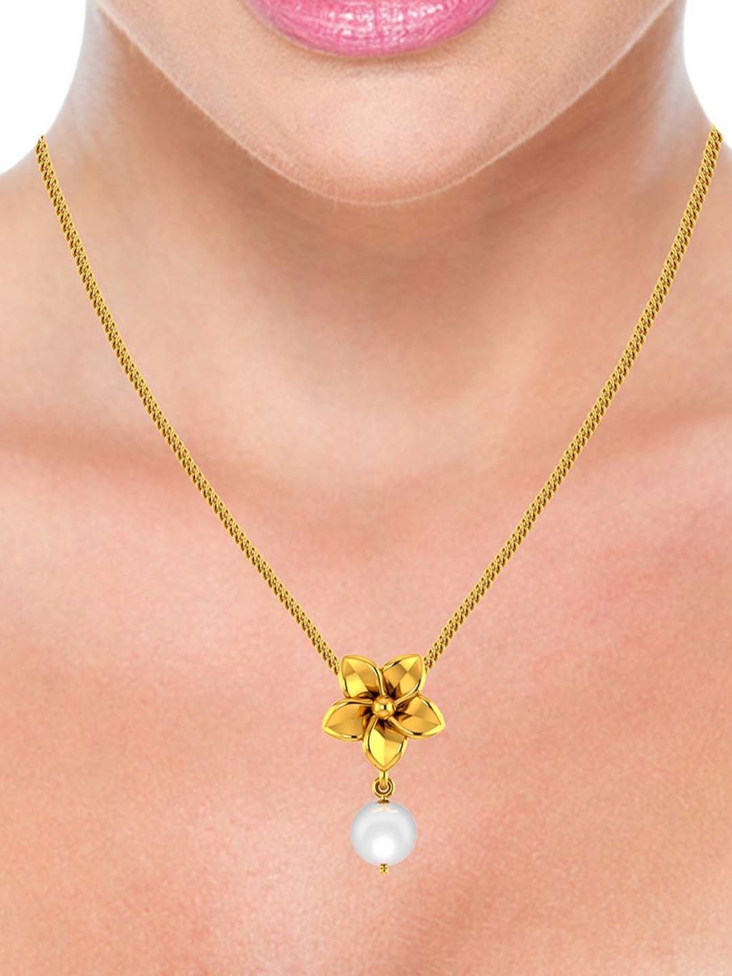 P.C. Chandra Jewellers 18k Gold Pendant with A Five-petal Floral Design & A Pearl for Women & Girls