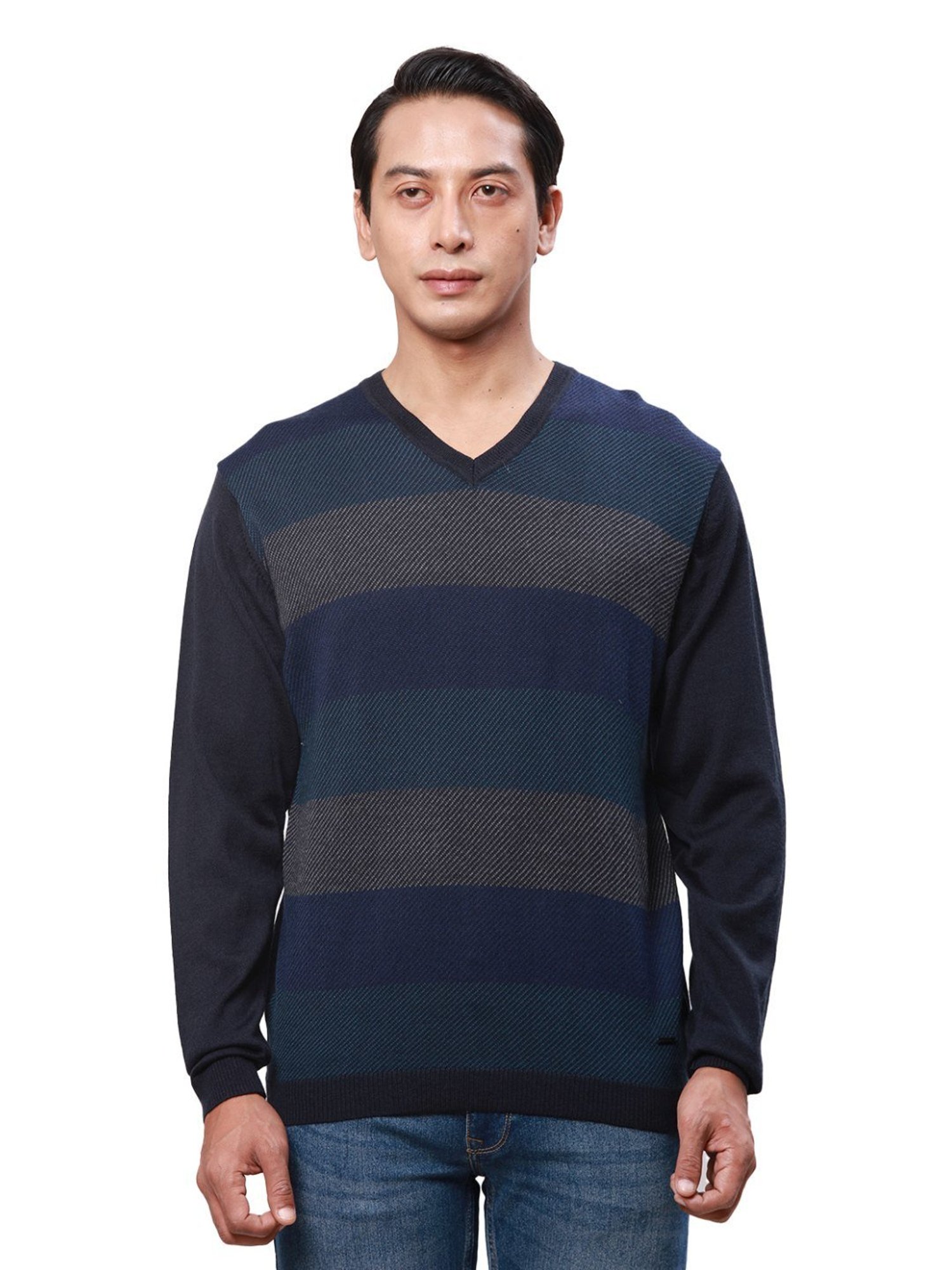 Park Avenue Mid Blue Regular Fit Striped Sweater