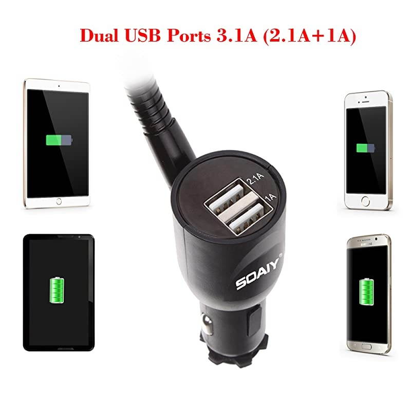 3in1 Cigarette Lighter Car Mount + Voltage Detector Not for Center Console amp Window Dual USB 31A Charger with Adjust Gooseneck amp 360&deg; Rotating Car Mount Cradle for 1737inch Width Phones