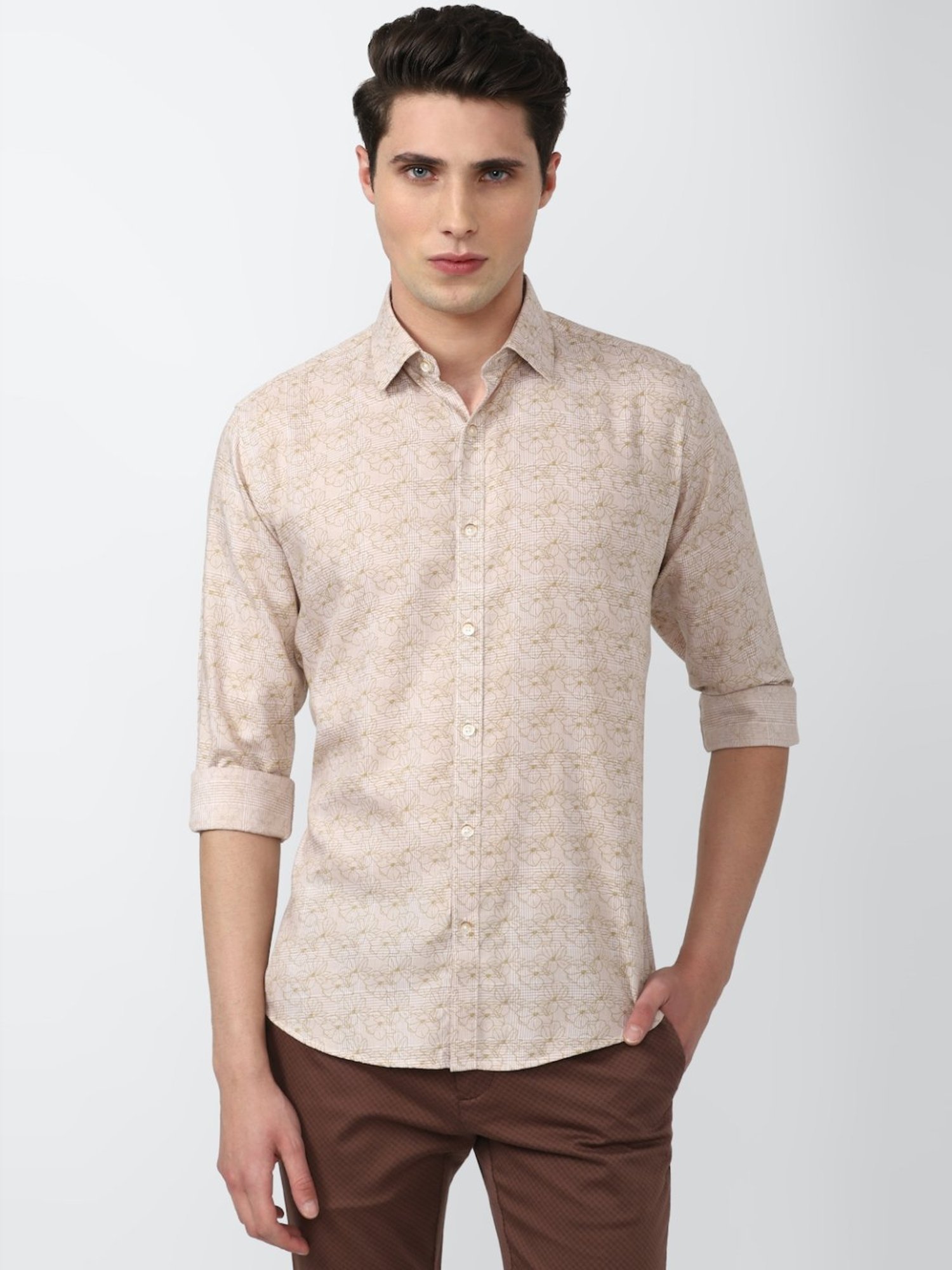 V Dot Beige Slim Fit Printed Shirt