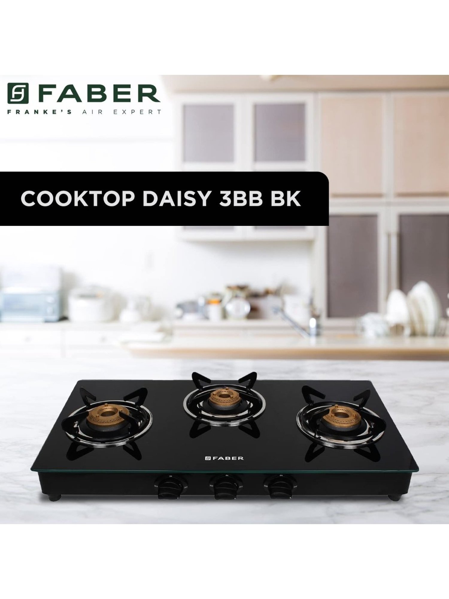 Faber Glass Top 3 Burner Gas Stove with Powder Coated Pan Support & Manual Ignition (Black)