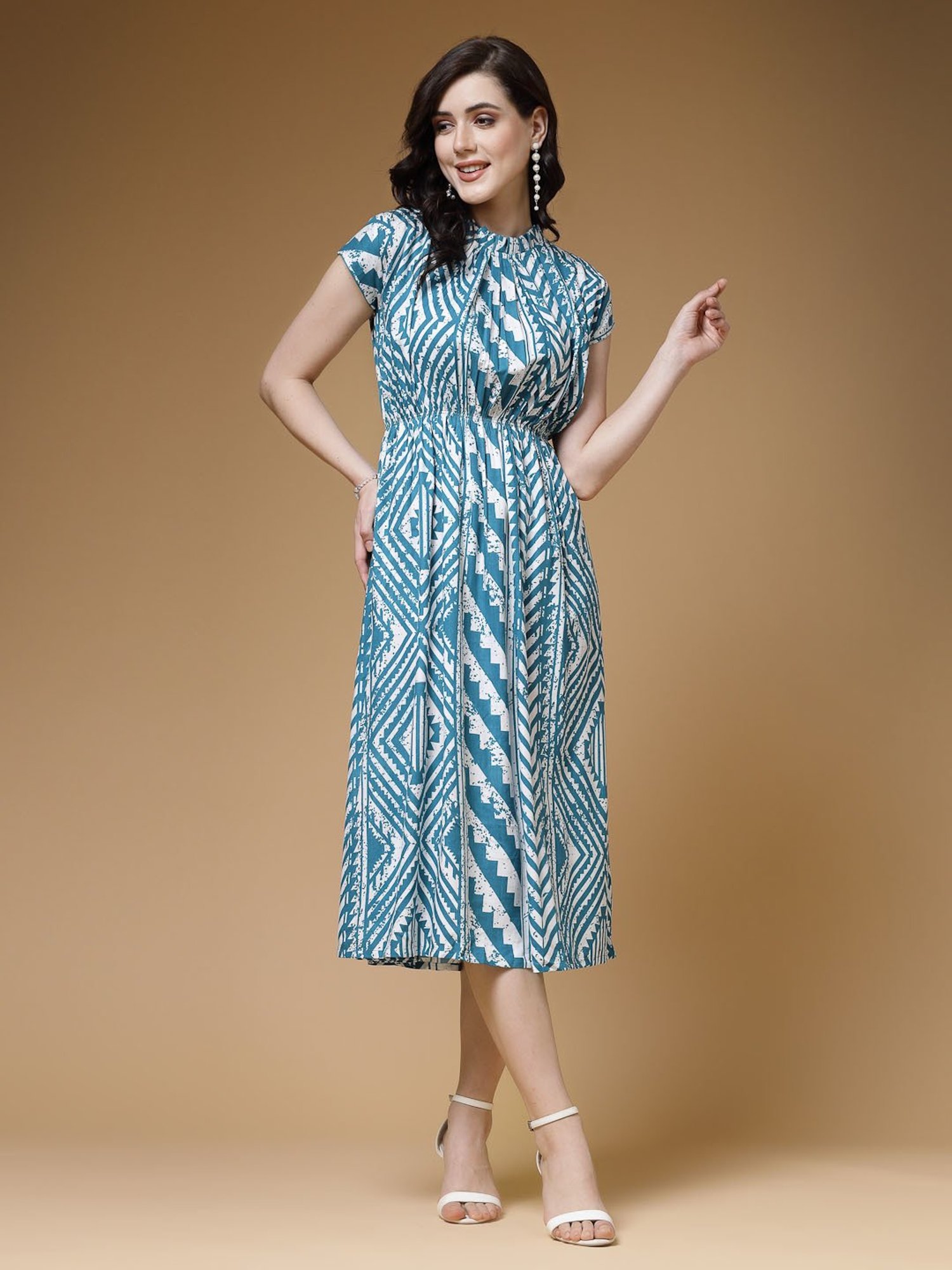 Indibelle Blue Geometric Print Ethnic Dress