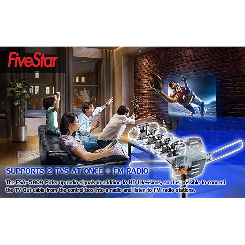 Outdoor HD TV Antenna Strongest Up to 150 Miles Long Range with Motorized 360 Degree Rotation, UHF/VHF/FM Radio Infrared Remote Control with Mounting Pole & 40FT RG6 Coax Cable Support 2 TVs