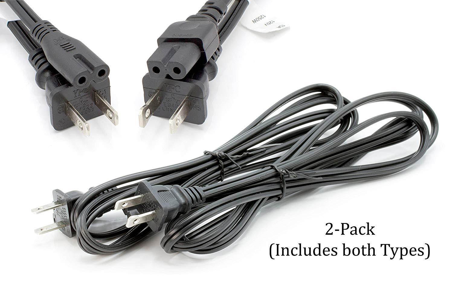 Premium 2 Slot Power Cord Super-Duty Two Pack Contains Both Polarized (Squared End) and Non-Polarized (Figure 8 End) Power Cable (NEMA 1-15P to C7 C8) UL Listed - 18 AWG, 10 Amps, 125 Volts (6 Foot)