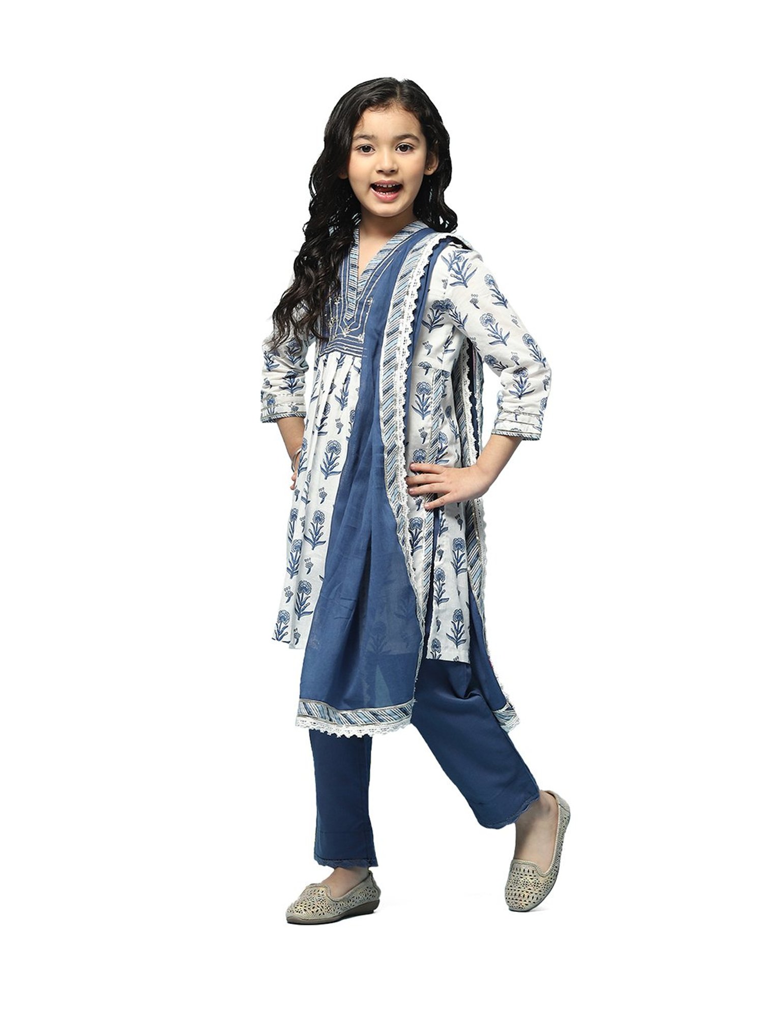 BIBA Girls Off White & Blue Embellished Kurta, Pants with Dupatta