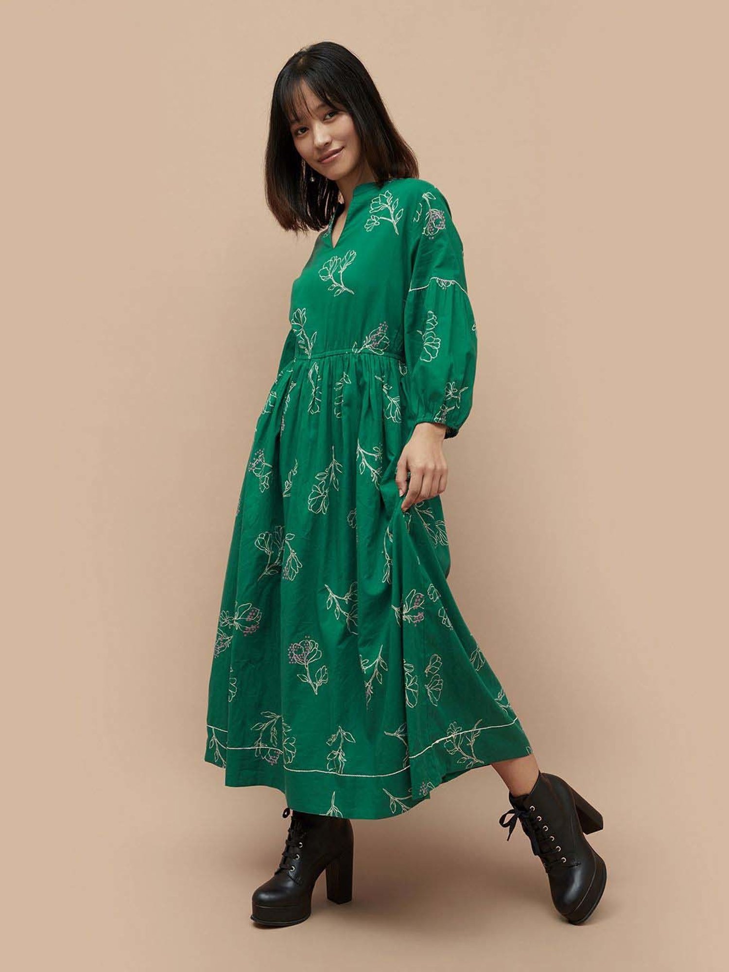 Colour Me by Melange Green Cotton Printed Maxi Dress