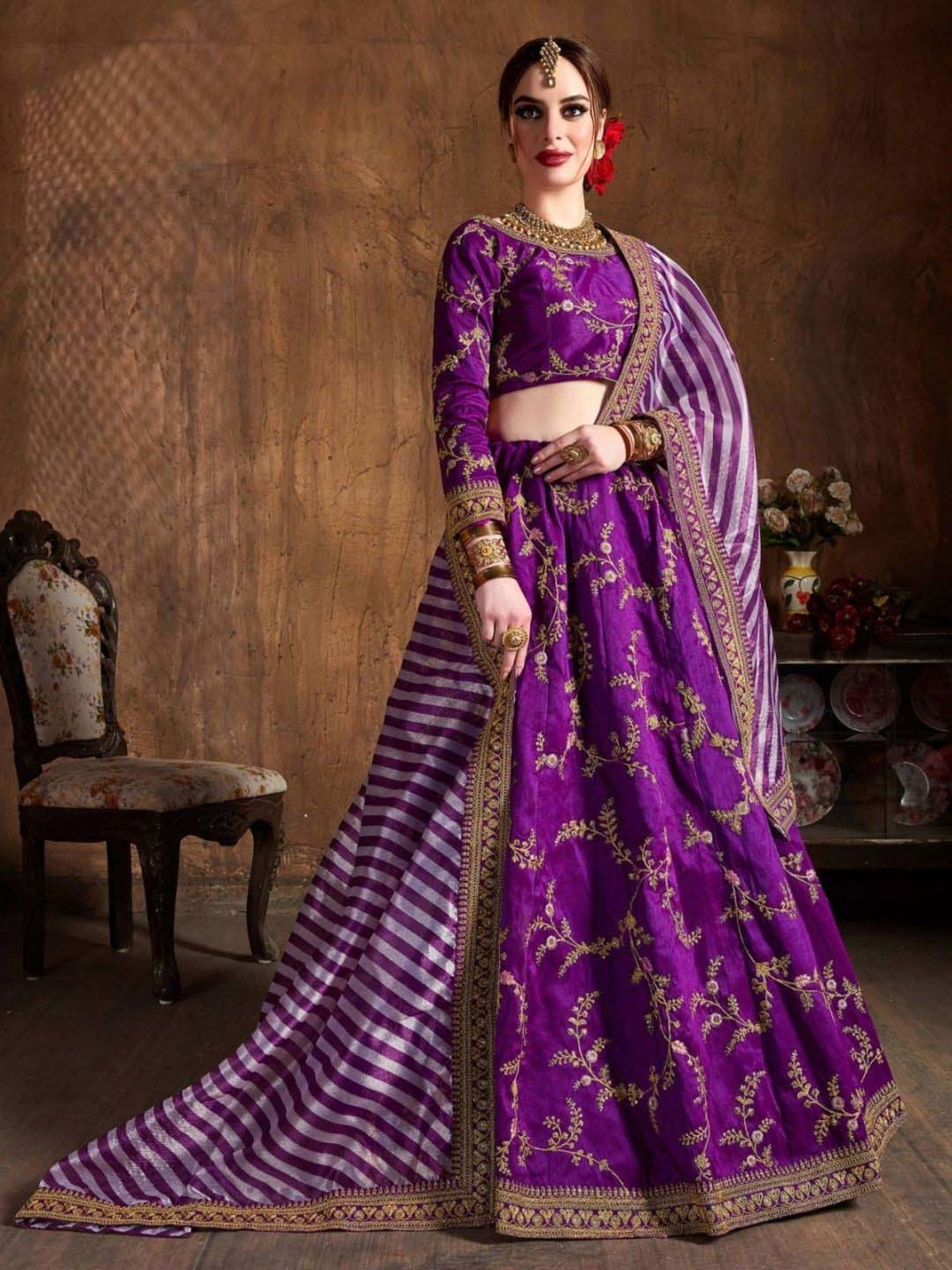 Odette Purple Embroidered Lehenga Choli Set With Dupatta